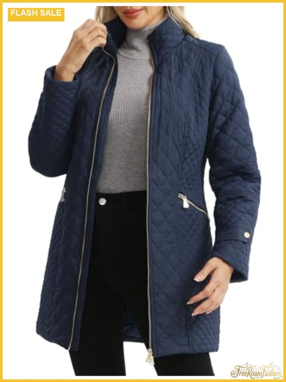 Lightweight Diamond Quilted Jacket Long Sleeve Stand Collar Women